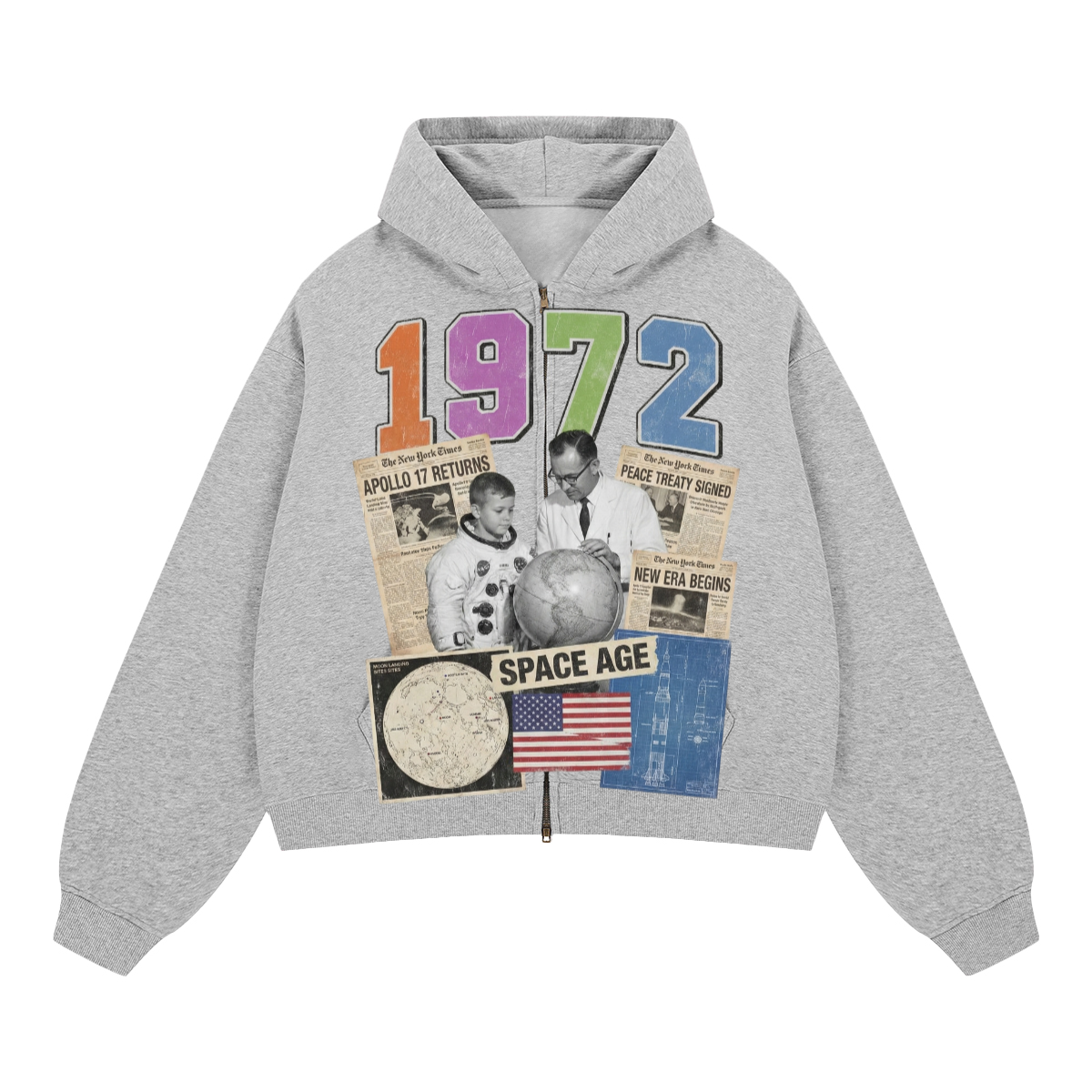 "space race" Boxy Cropped Fleece Zip-up Hoodie(380GSM)