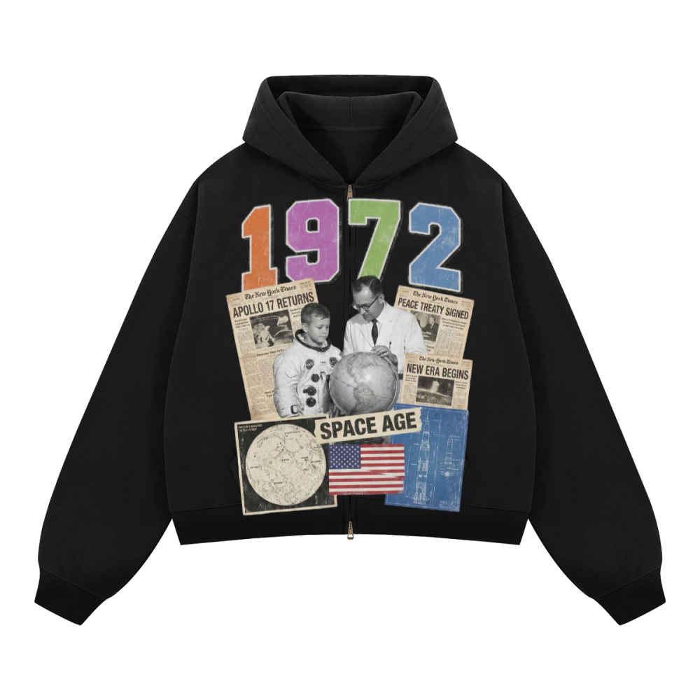 "space race" Boxy Cropped Fleece Zip-up Hoodie(380GSM)