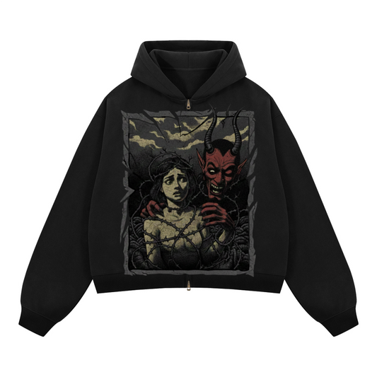 "Serpenthearted" Boxy Cropped Fleece Zip-up Hoodie(380GSM)